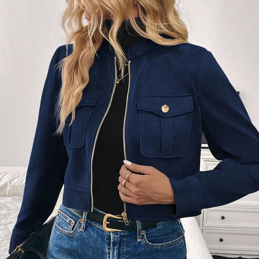 Navy Blue Casual Women's Metal Button Short Military Jacket